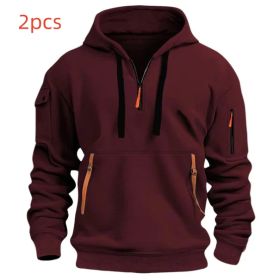 Dropped Shoulder Hooded Sweatshirt Men's Women's Plus Size Loose Pullover Fashion Sweatshirt (Option: Wine Red-M-2pcs)