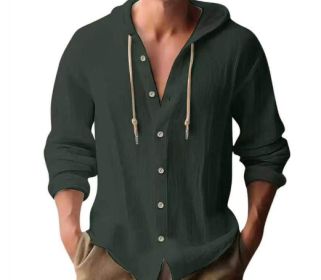 Cotton And Linen Shirt Hooded Sweater Button Long Sleeve (Option: Dark Green-M)