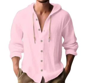 Cotton And Linen Shirt Hooded Sweater Button Long Sleeve (Option: Pink-M)