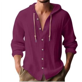 Cotton And Linen Shirt Hooded Sweater Button Long Sleeve (Option: Purple-S)