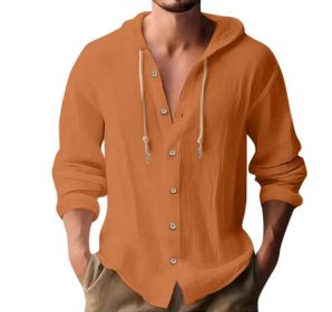 Cotton And Linen Shirt Hooded Sweater Button Long Sleeve (Option: Orange-S)