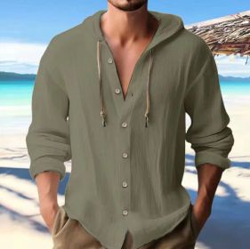 Cotton And Linen Shirt Hooded Sweater Button Long Sleeve (Option: Army Green-XL)
