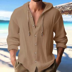 Cotton And Linen Shirt Hooded Sweater Button Long Sleeve (Option: Dark brown-L)