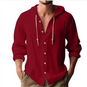 Cotton And Linen Shirt Hooded Sweater Button Long Sleeve (Option: Red-XXXL)