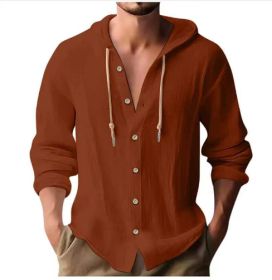 Cotton And Linen Shirt Hooded Sweater Button Long Sleeve (Option: Brick red-XXXL)