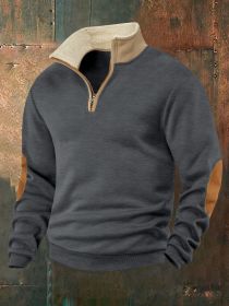 Retro Patchwork Half Cardigan Men's Long-sleeved Sweater (Option: Dark Gray-M)