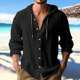Cotton And Linen Shirt Hooded Sweater Button Long Sleeve (Option: Black-L)