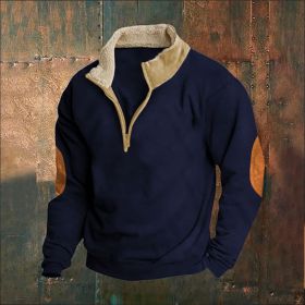 Retro Patchwork Half Cardigan Men's Long-sleeved Sweater (Option: Navy Blue-2XL)