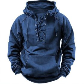 Ins Lace-up Hoodie Casual Sports Pocket Sweatshirt Men's Long-sleeved Top Clothing (Option: Blue-2XL)