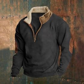 Retro Patchwork Half Cardigan Men's Long-sleeved Sweater (Option: Black-2XL)
